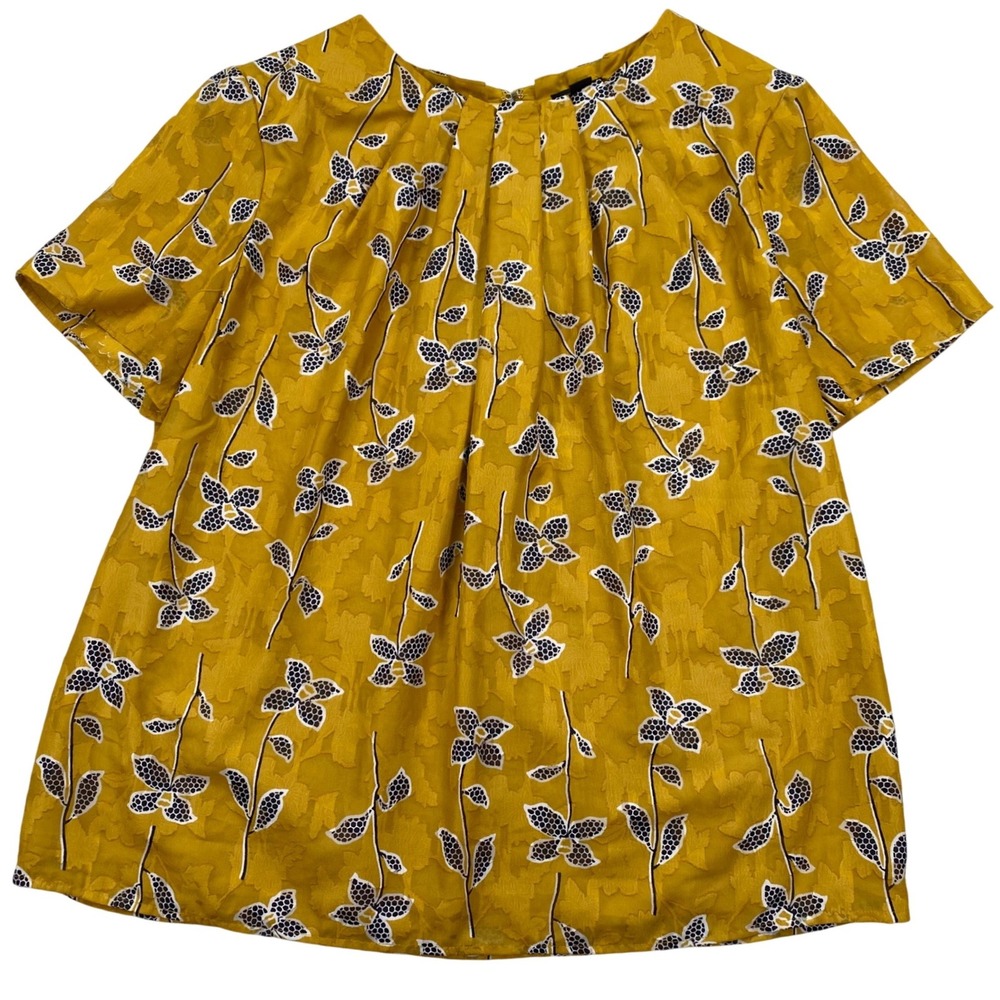 Ann Taylor Factory Floral Blouse Womens Medium Mustard Yellow Pleated Neck SS